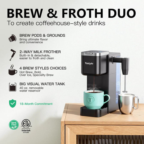 Single Serve Coffee Maker With Built In Detachable Milk Frother For Pods And Grounds No Fuss In Classic Bold Over Ice And Specialty Brew 40 Oz Removable Water Reservoir Six Cup Sizes Fits 7 Point 3 Inch Travel Mug Black on wooden surface