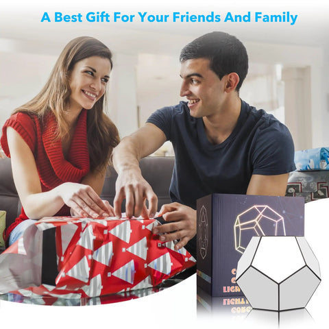 Couple giving Dodecahedron RGBW Gaming Light With Infinity Mirror Effect as a gift, boxed with LED design on the packaging.