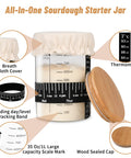 Complete Sourdough Starter Jar Kit 35 Oz Large Glass Jar With cloth cover, wood lid, thermometer, feeding band, and scale markings.