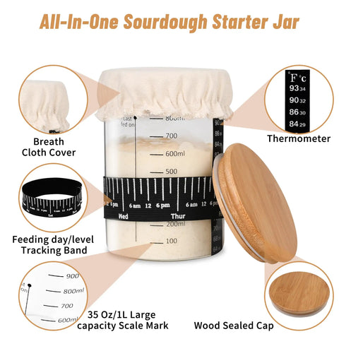 Complete Sourdough Starter Jar Kit 35 Oz Large Glass Jar With cloth cover, wood lid, thermometer, feeding band, and scale markings.