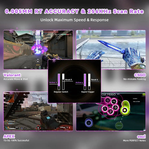 0.005MM RT accuracy gaming keyboard showcasing Valorant, CSGO, Apex, and osu! with rapid trigger features.