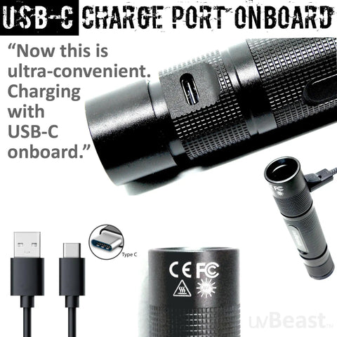 V3 365nm Mini Black Light UV Flashlight with USB-C charge port, showing compact design and connector details.