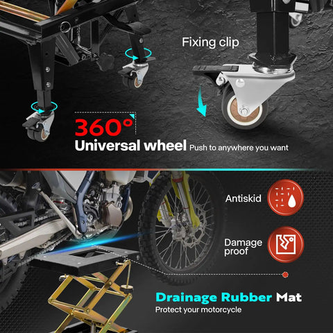 Beefy Heavy Duty Hydraulic Motorcycle Lift Jack For Dirt Bikes And ATVs, Foot Operated Scissor Stand with wheels, shown in use.
