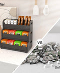 Before and after comparing Go-To Tea Bag Organizer Rack With 3-Tier Bamboo Display to scattered tea bags