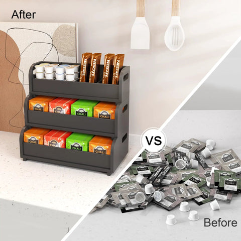 Before and after comparing Go-To Tea Bag Organizer Rack With 3-Tier Bamboo Display to scattered tea bags