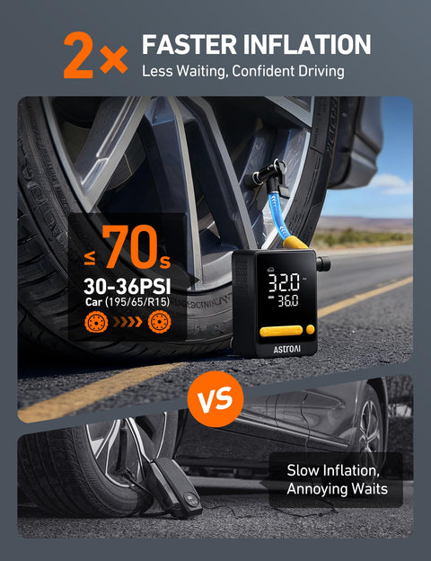 L10 Mini Tire Inflator Portable Air Compressor With 150 PSI Quick Car Tire Inflation showing fast inflation comparison