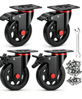 Heavy Duty 4 Inch Caster Wheels With Dual Lock Brakes 2400 Lb Capacity Set Of 4 Non Marking Rubber Tires, black wheels with hardware.