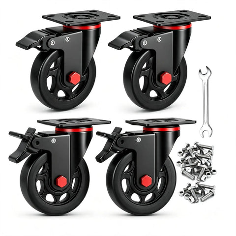 Heavy Duty 4 Inch Caster Wheels With Dual Lock Brakes 2400 Lb Capacity Set Of 4 Non Marking Rubber Tires, black wheels with hardware.