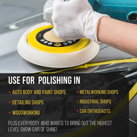 Hand using Pro Series 7 Inch Flexible Edge Polishing Backing Pad With Hook And Loop Five Eighth Inch 11 Threads Universal Rotary Polisher Buffer on car surface