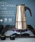 Stovetop Espresso Maker 9 Cup Moka Pot In Stainless Steel 450ml 15oz Easy Brew For Camping Or Home Use Italian Style Coffee Percolator For Bold Aromatic Morning Joe on gas stove.