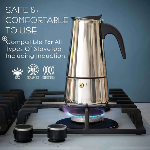 Stovetop Espresso Maker 9 Cup Moka Pot In Stainless Steel 450ml 15oz Easy Brew For Camping Or Home Use Italian Style Coffee Percolator For Bold Aromatic Morning Joe on gas stove.