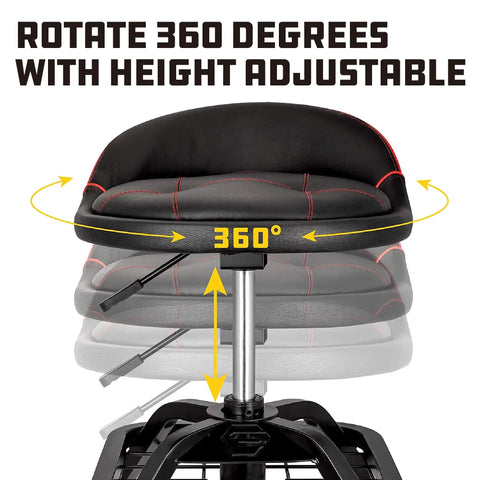 Rolling Stool With Padding And Lumbar Support For Garage Use, 330 Pound Capacity, Adjustable Height 19.5 to 25 Inches, 360° rotation