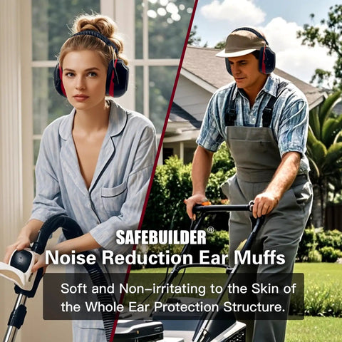 People using All Day Quiet Earmuffs For Sleep Outdoor Work Shooting And Industrial Use With SNR 33 dB And NRR 26 dB Comfortable POM Headband PVC Leather Band Black Boss Level Hearing Protection That Keeps Noise Down while in home and garden settings.