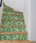 Maui Peel And Stick Wallpaper With Green Tropical Leaf Pattern Removable Contact Paper For Walls No Mess Repositionable DIY Wall Covering For Bedroom And Living Room Accent Walls applied to stairs