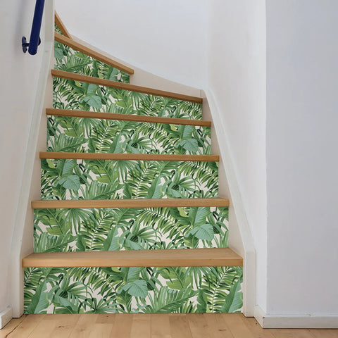 Maui Peel And Stick Wallpaper With Green Tropical Leaf Pattern Removable Contact Paper For Walls No Mess Repositionable DIY Wall Covering For Bedroom And Living Room Accent Walls applied to stairs