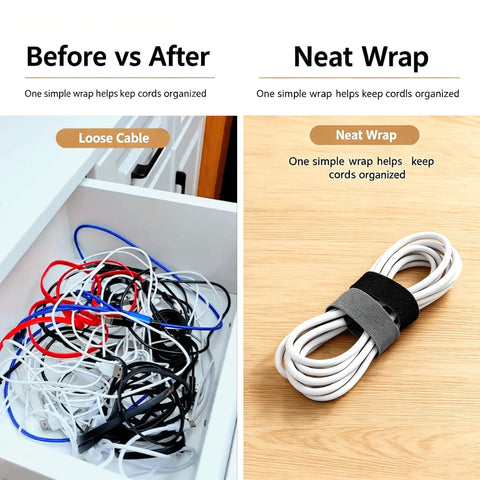 Before vs After image showing Reusable Cable Management Straps And Self Adhesive Cord Organizers For Power And Usb Cables, neatly wrapped.