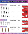 Chart of Universal Zipper Repair Kit With 280 Pieces For Jackets Luggage Backpacks And Outdoor Gear with nylon, resin, metal sliders.