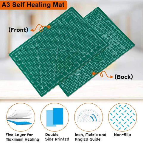 Self Healing Cutting Mat For Sewing And Crafts 12x18 Inch Double Sided 5-Ply Rotary Cutting Surface, showing front and back design