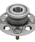 Close-up of rear wheel hub with ABS tone ring for Pair Rear Wheel Hub And Bearing Assembly For Honda Civic 2001 To 2005 And Acura EL 2001 To 2005 4 Lug With ABS Replacement Kit Premium Quality Direct Fit Includes Two Hubs For Quick And Solid Install.