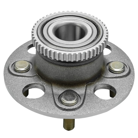 Close-up of rear wheel hub with ABS tone ring for Pair Rear Wheel Hub And Bearing Assembly For Honda Civic 2001 To 2005 And Acura EL 2001 To 2005 4 Lug With ABS Replacement Kit Premium Quality Direct Fit Includes Two Hubs For Quick And Solid Install.
