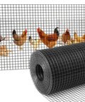 Rock-Solid Heavy-Duty Black Hardware Cloth Fencing roll with 1/2 inch openings, alongside chickens and rabbits.