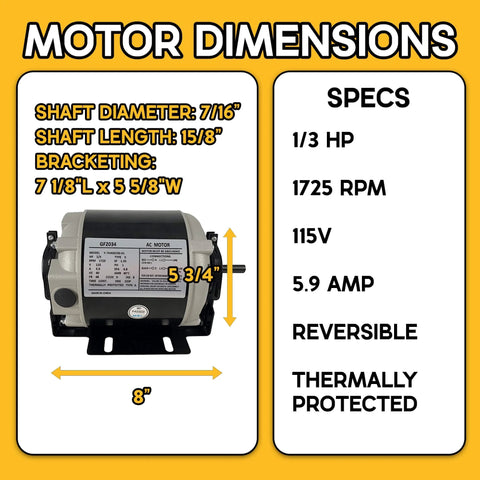 1/3 HP Belt Drive Motor GF2034 1725 RPM 48FR Single Unit dimensions and specs display