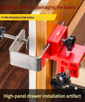 Rock Solid Stainless Steel Drawer Panel Clamp With Zero Hassle Adjustable Side Mount And Precision Knob clamping a wooden board.