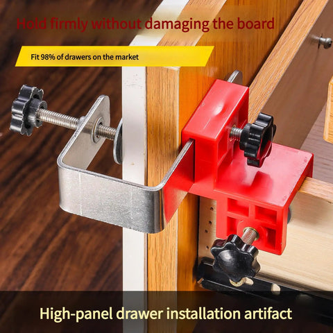 Rock Solid Stainless Steel Drawer Panel Clamp With Zero Hassle Adjustable Side Mount And Precision Knob clamping a wooden board.