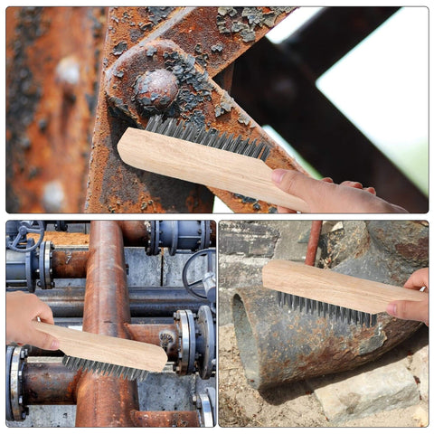 Close-up of wire brush from 4-Piece Welding Slag Removal Tool Set With 10 Inch Chipping Hammer, Coil Spring Handle, Multi-Functional Pliers, Wire Brush And Welding Gloves For Fast, Easy Metal Cleanup, Pro Grade Quality To Boost Your Job Site Efficiency being used on rusted metal surfaces.