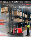 Heavy Duty Electric Counterbalance Workhorse Pallet Stacker featuring 3300 Lb capacity and a snappy 10 foot lift height in warehouse setting.
