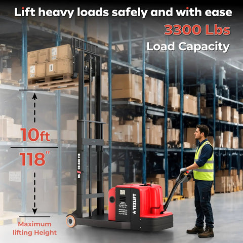 Heavy Duty Electric Counterbalance Workhorse Pallet Stacker featuring 3300 Lb capacity and a snappy 10 foot lift height in warehouse setting.