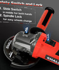 Beefy 7.5 Amp 4-1/2 Inch Angle Grinder With 12000 RPM For Metal And Wood, shown with slide switch and spindle lock features.