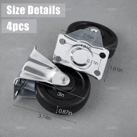 4 Pack 3 Inch Rubber Caster Wheels With Plain Plate Top For Shelves And Trolleys Heavy Duty Noiseless Rolling Each Wheel Supports 99 Lb