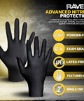 Raven 7 Mil Black Nitrile Disposable Gloves Powder Free, 10 Pack, Medium, 1000 Count displayed with texture and chemical labels.