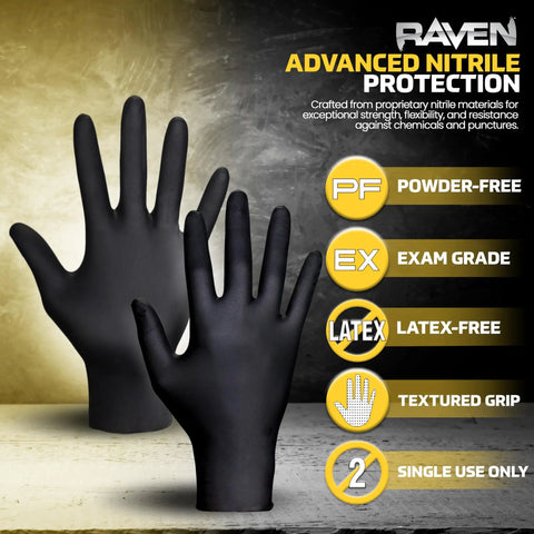Raven 7 Mil Black Nitrile Disposable Gloves Powder Free, 10 Pack, Medium, 1000 Count displayed with texture and chemical labels.