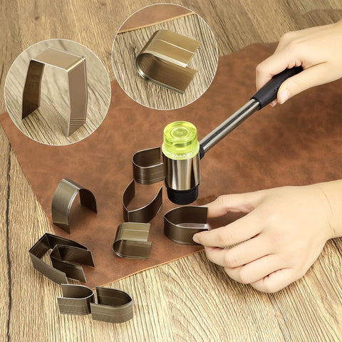All In One Leather Corner Punch Kit with 18 High Speed Steel Dies, shown with rubber mallet and die set on leather surface.