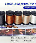 Heavy Duty Upholstery Repair Kit With Extra Strong Sewing Thread And Hand Needles Includes 5 Nylon Thread Spools 7 Styles Leather And Canvas Needles And 1 Needle Threader For Carpets Furniture Coats Tents Mattresses And Leather DIY Projects showing thread spools and needles