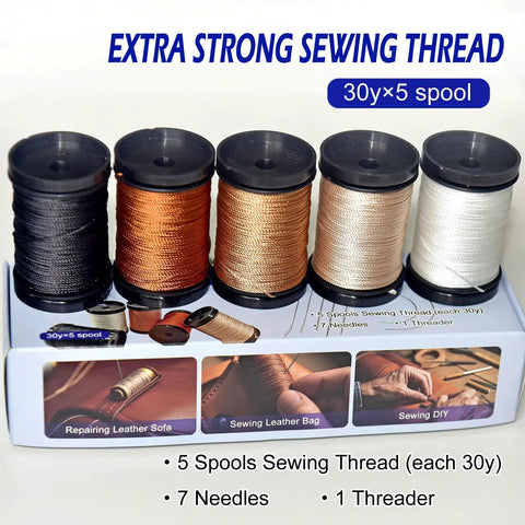 Heavy Duty Upholstery Repair Kit With Extra Strong Sewing Thread And Hand Needles Includes 5 Nylon Thread Spools 7 Styles Leather And Canvas Needles And 1 Needle Threader For Carpets Furniture Coats Tents Mattresses And Leather DIY Projects showing thread spools and needles