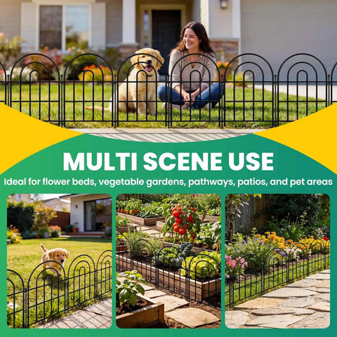 Arched Metal Garden Fence Panels 17 Inch Tall 10.83 Feet Long With Tool Free Install Rustproof Outdoor Barrier in use