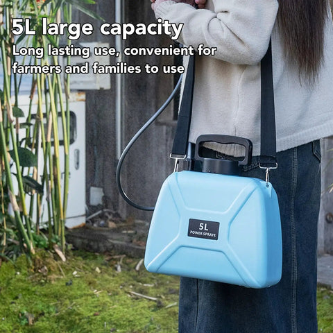 5L Powerful Electric Garden Sprayer With Adjustable Nozzle For Farm And Home Use, blue sprayer with person outdoors