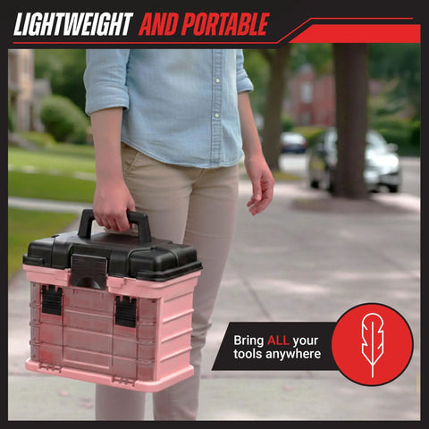 Person carrying a pink tool box organizer with removable compartments for crafts beads screws and small tools portable grab and go storage case.