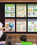 Six laminated 14x11 geography posters for classrooms, featuring themes like location, place, interaction, and more on a blackboard.