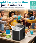 Quick Freeze Countertop Ice Maker Portable Machine With Scoop And Basket Churns 26 Pounds Daily Ready In 6 Minutes with people celebrating.