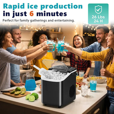 Quick Freeze Countertop Ice Maker Portable Machine With Scoop And Basket Churns 26 Pounds Daily Ready In 6 Minutes with people celebrating.