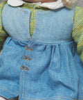 Doll's blue dress with three golden mini buttons, part of 100Pc Mini Buttons For Doll Clothes DIY Fasteners Kit