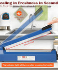 16 Inch Manual Heat Sealer with 8 Adjustable Heat Levels for Plastic Bags Shrink Wrap shown on a countertop in use