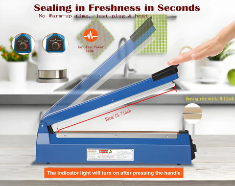 16 Inch Manual Heat Sealer with 8 Adjustable Heat Levels for Plastic Bags Shrink Wrap shown on a countertop in use