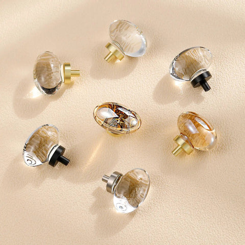 Champagne Crystal Cabinet Knobs Set Of Eight In Gold Glass Finish For Dresser Drawers Brass Furniture Hardware Pulls Oval Shape