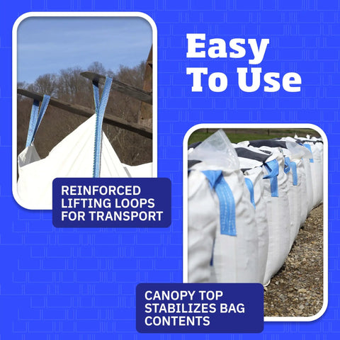 Close-up of Heavy Duty 200 Gallon Builder Bulk Bags for Demolition and Construction showing reinforced lifting loops and canopy top.