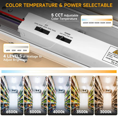 4 Foot LED Vapor Tight Shop Light With Adjustable Power And CCT 7800 Lumens IP65 Waterproof And Dustproof ETL Listed, color and power switches displayed